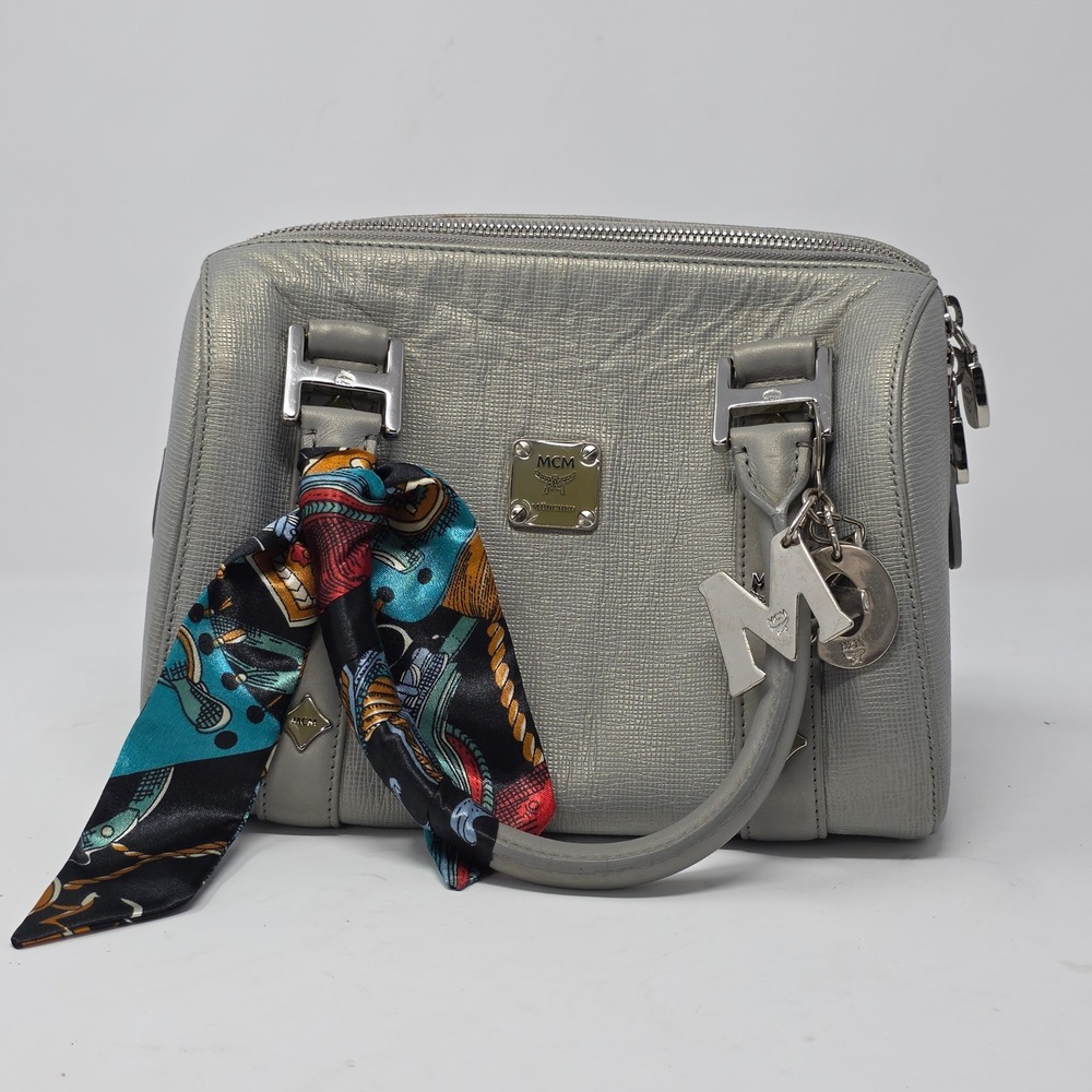 MCM Silver Metallic Textured Leather Satchel Bag Scarf Wrapped Handles